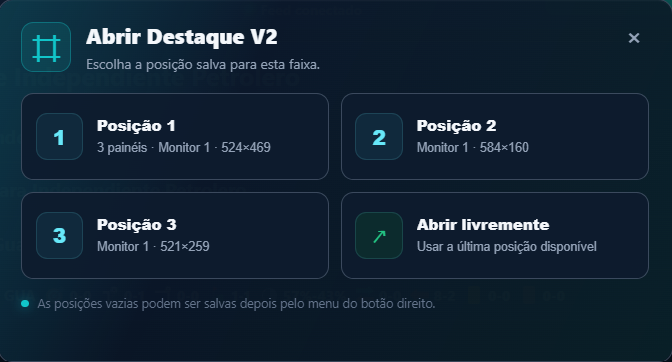 Seletor de posições salvas para os destaques do TraderLab